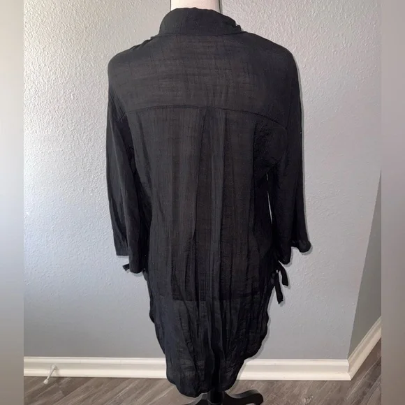 Black Summer Linen High Low Oversized Button Down Tee Size Medium - Picture 6 of 7